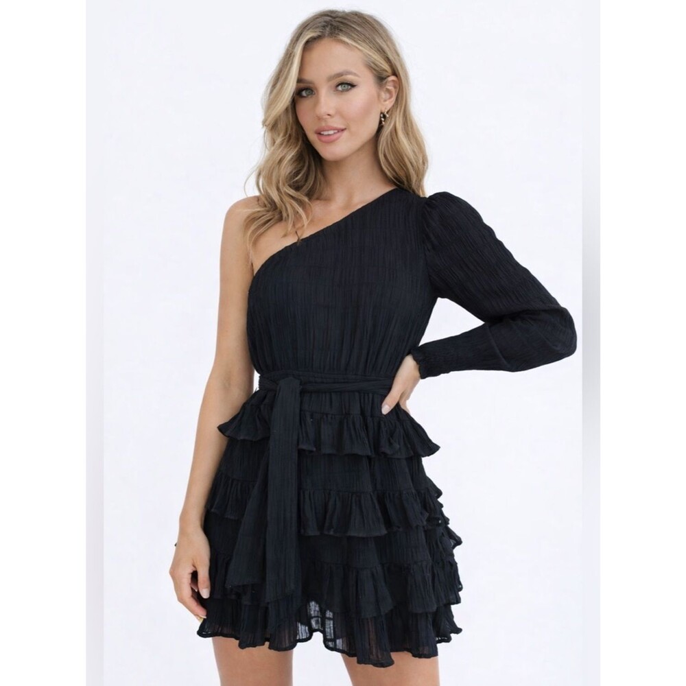Hello Molly Dance The Night Away Black One Shoulder Ruffle Mini Dress Casual M/6